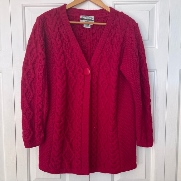 Aran Crafts 100% Merino Wool, Raspberry Cable Knit One Button Cardigan Sweater L - Picture 6 of 13